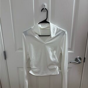 Women's White Long-Sleeve V-Neck Top with Collar